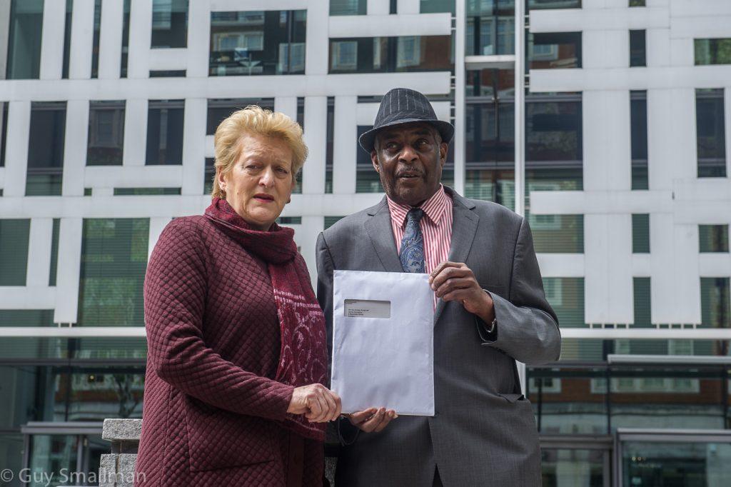 Neville Lawrence and Sharon Grant delivering letter to Home Office re UCPI 24 April 2018