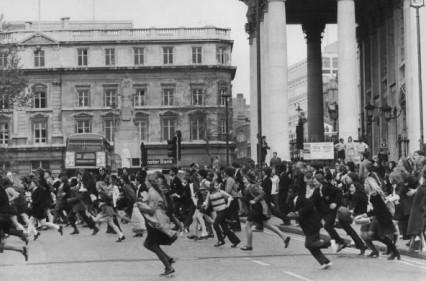 Protesting UK schoolchildren from Schools Action Union (SAU) march through Trafalgar Square in London on 17 May 1972